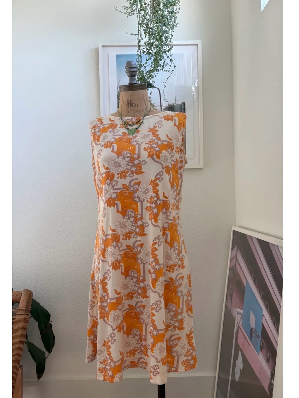 Vintage Cream and Orange Floral Sleeveless Dress, Size M